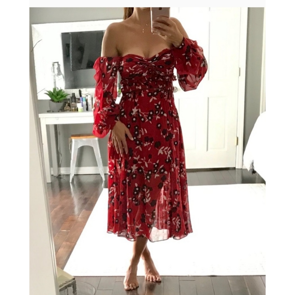 Self-Portrait Off-shoulder Long Sleeve Midi Dress